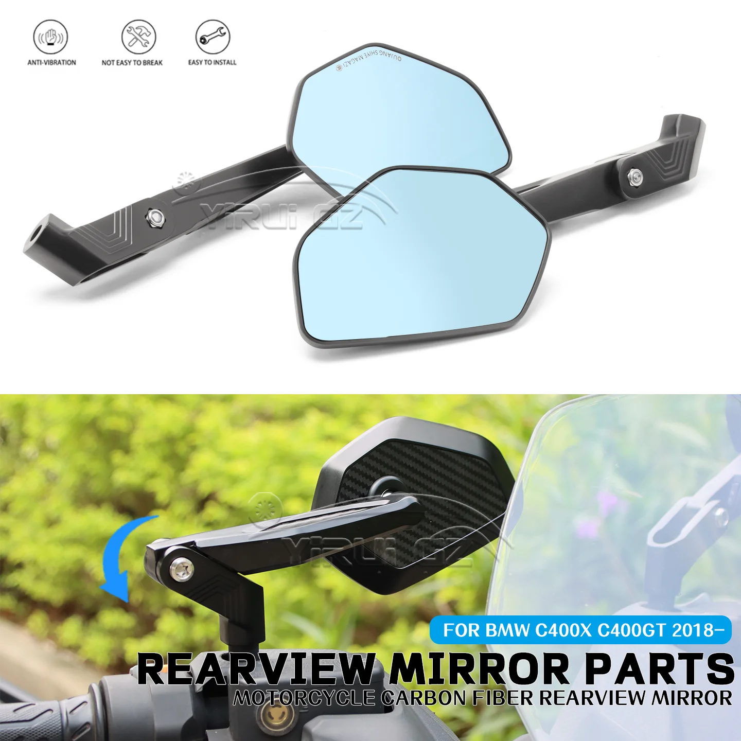 BMW C400X C400GT 400 2018- 折りたたみ式ミラーロッドバックミラーサイドミラーオートバイバックミラーブルーライトアンチグレアミラー