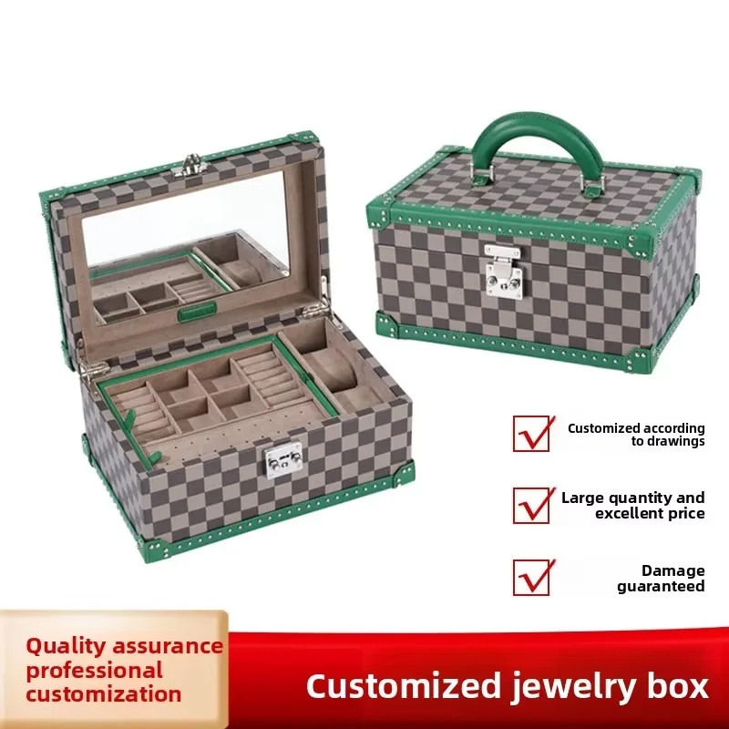 Stock Luxury Checked Jewelry Box Multi-layer Removable Compartments Lockable Handheld Portable Jewelry Storage Box with Mirror