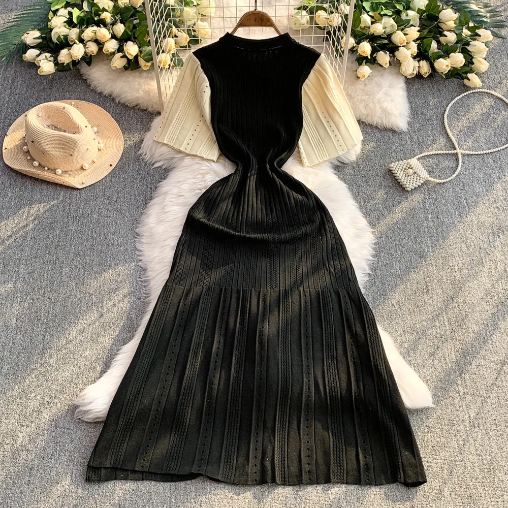 YuooMuoo Women Dress 2026 Spring and Summer Elegant Patchwork One-Piece Knitted Maxi Dress Office Lady Slim Waist Sweater Dress image 6