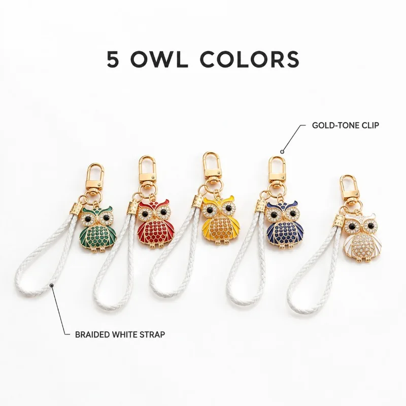 Cute Enamel Owl Keychain with Braided Wrist Strap, Rhinestone Animal Key Ring, Portable Bag Charm Daily Dating Party Gift Decor