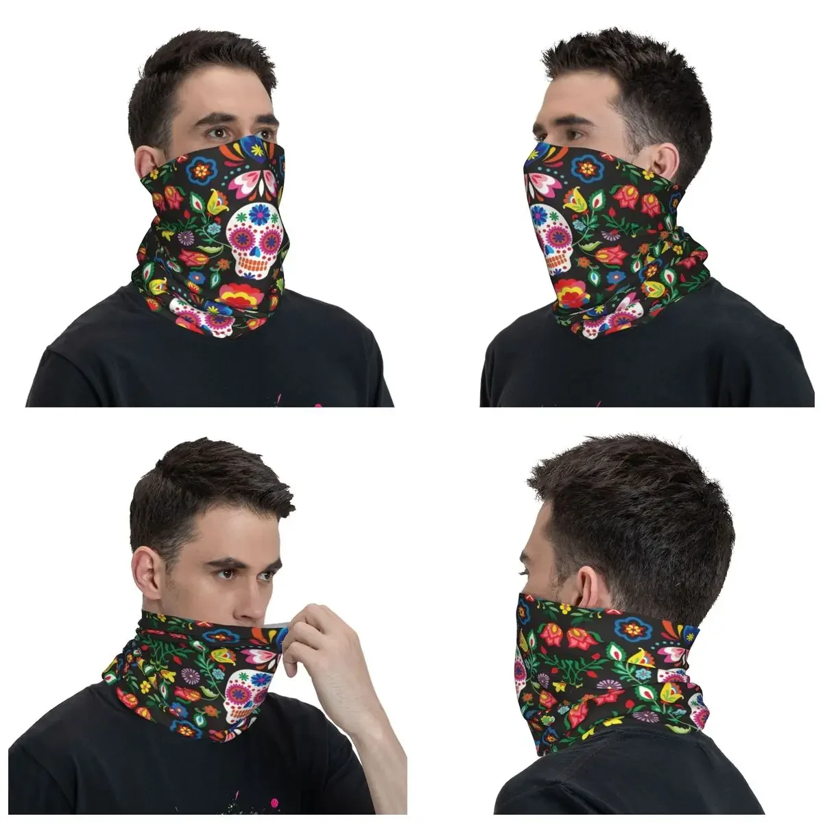 Mexican Sugar Skulls Day Of The Dead Flowers Bandana Neck Gaiter for Ski Hunting Women Men Wrap Scarf Headband Warmer