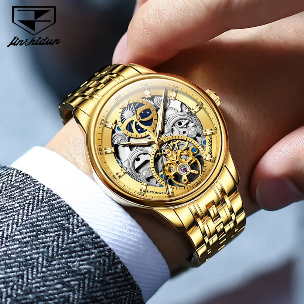 JSDUN Elegant Luxury Watches for Men Original Waterproof Skeleton Automatic Mechanical Wrist Watch Men Casual Fashion Male Watch