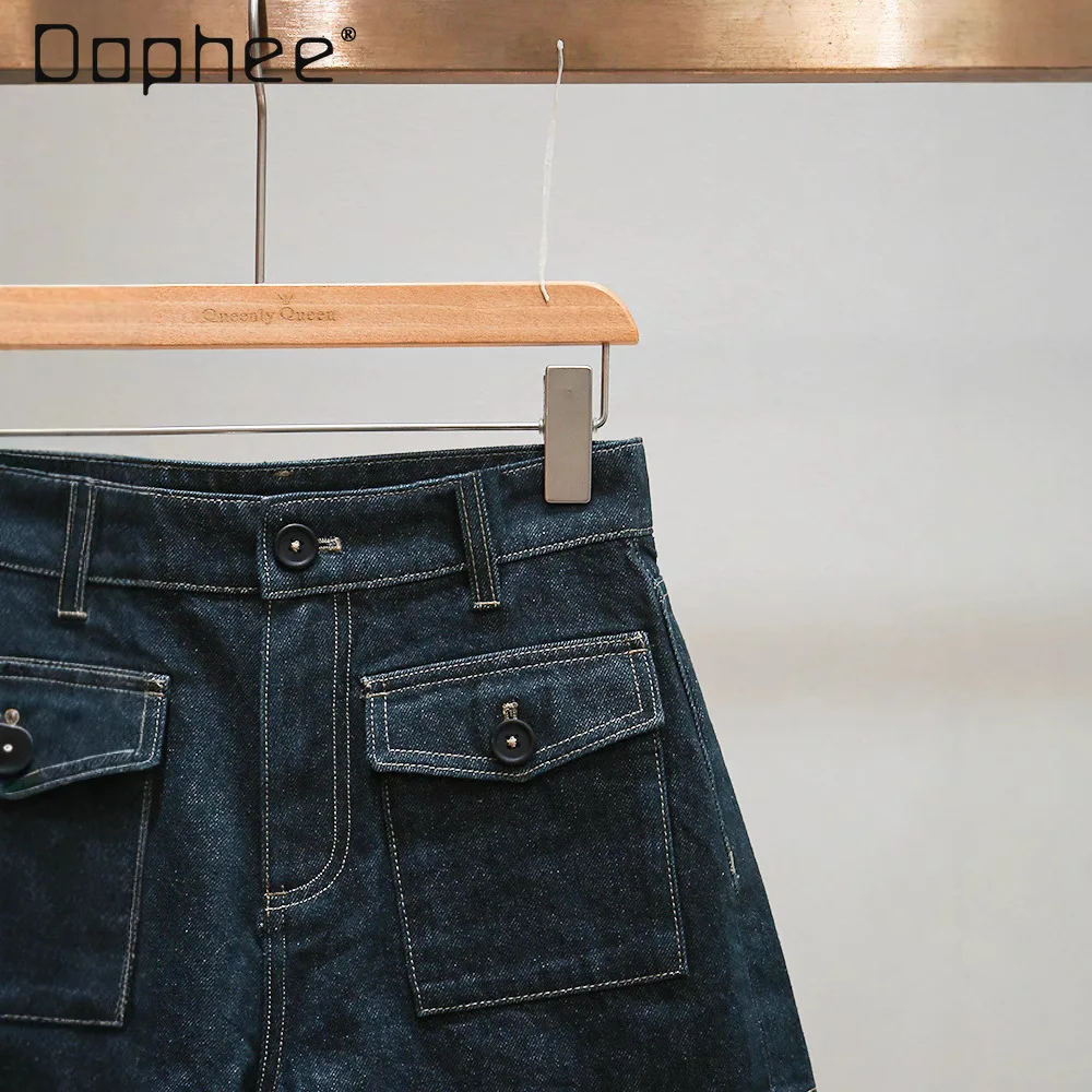 Estate nuovi pantaloncini casual retrò Spice Girl stile pendolare moda tinta unita versatili pantaloncini di jeans a vita alta pantaloncini a trapezio