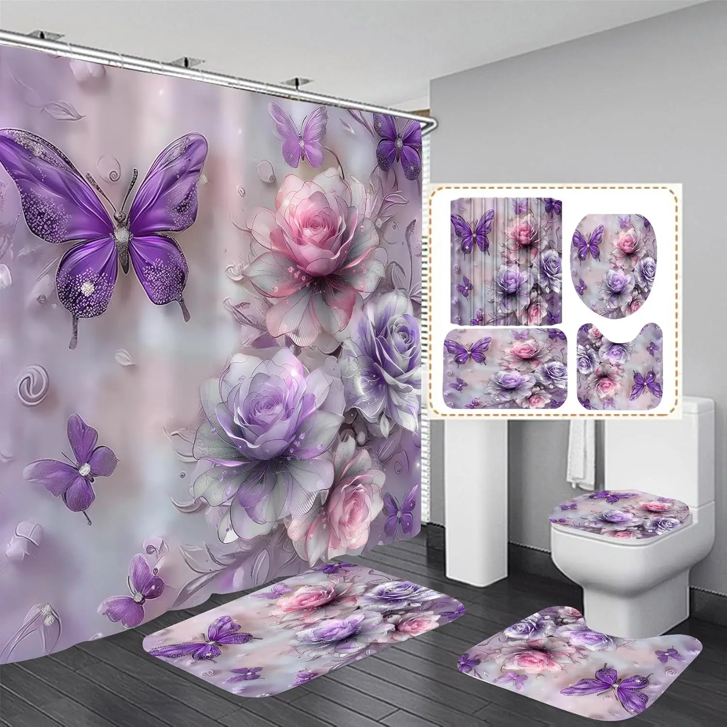 

4Pcs Purple Glitter Butterfly Shower Curtain Set with Hooks, Rugs, and Toilet Cover