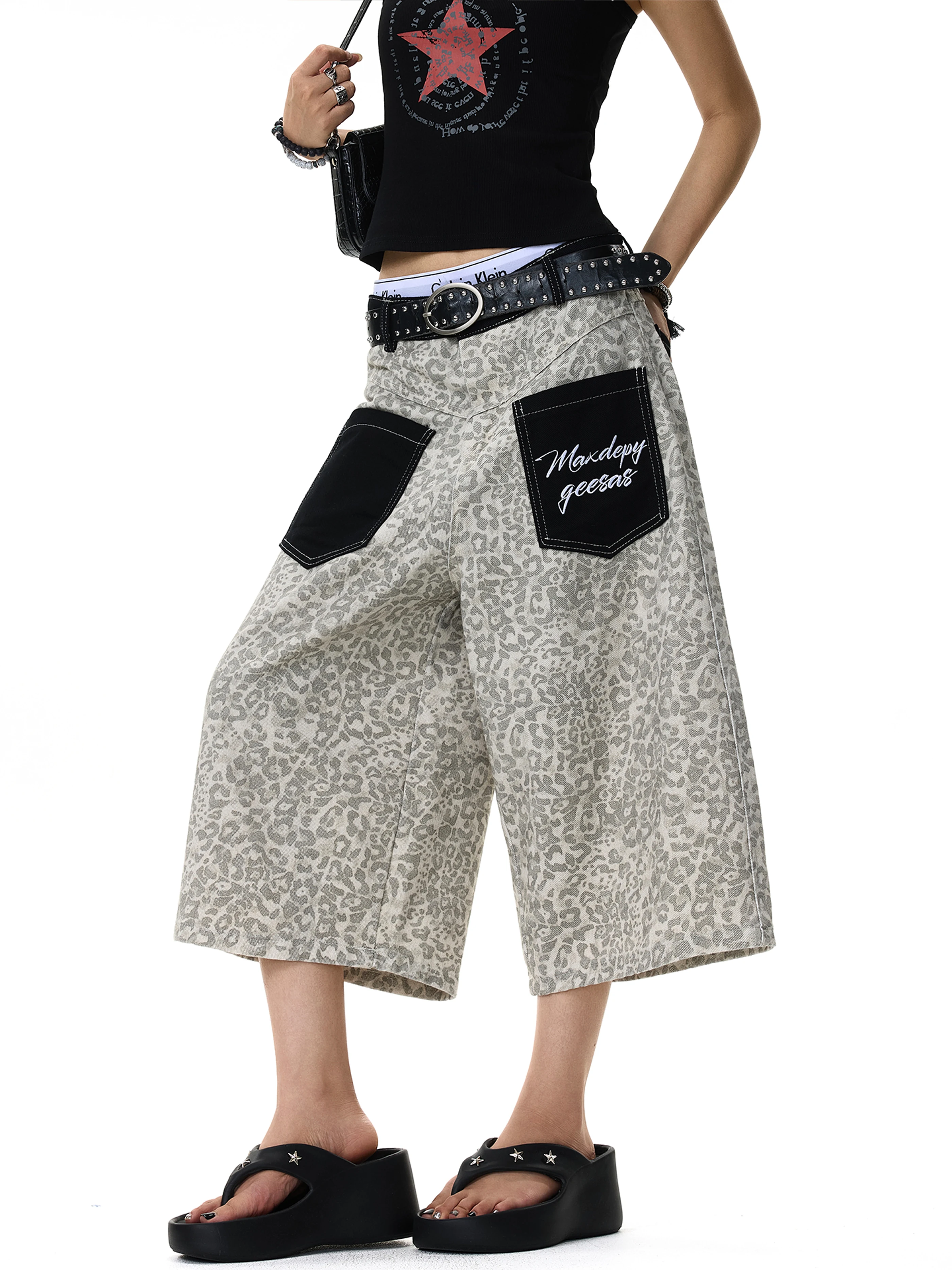 American High Street Letter Embroidery Reverse Wear Design Sense Leopard Print Seven-Foot Pants Summer Loose Casual Vintage S...