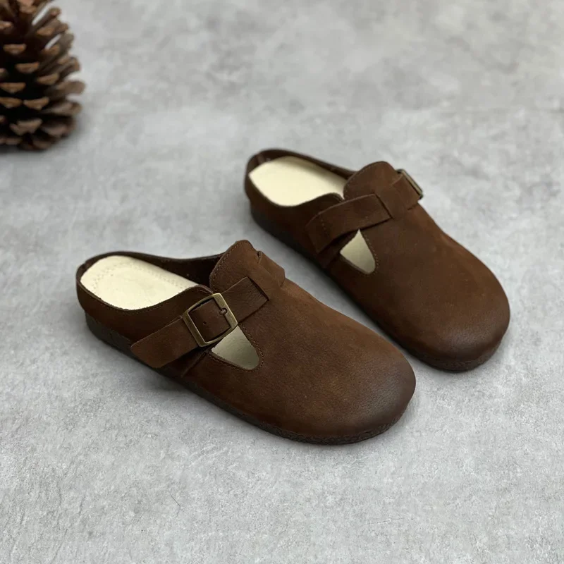 Handmade Genuine Leather Mules Women Summer New Retro Buckle Cowhide Clogs Flat Closed Toe Slippers Lazy Slip-on Casual Shoes