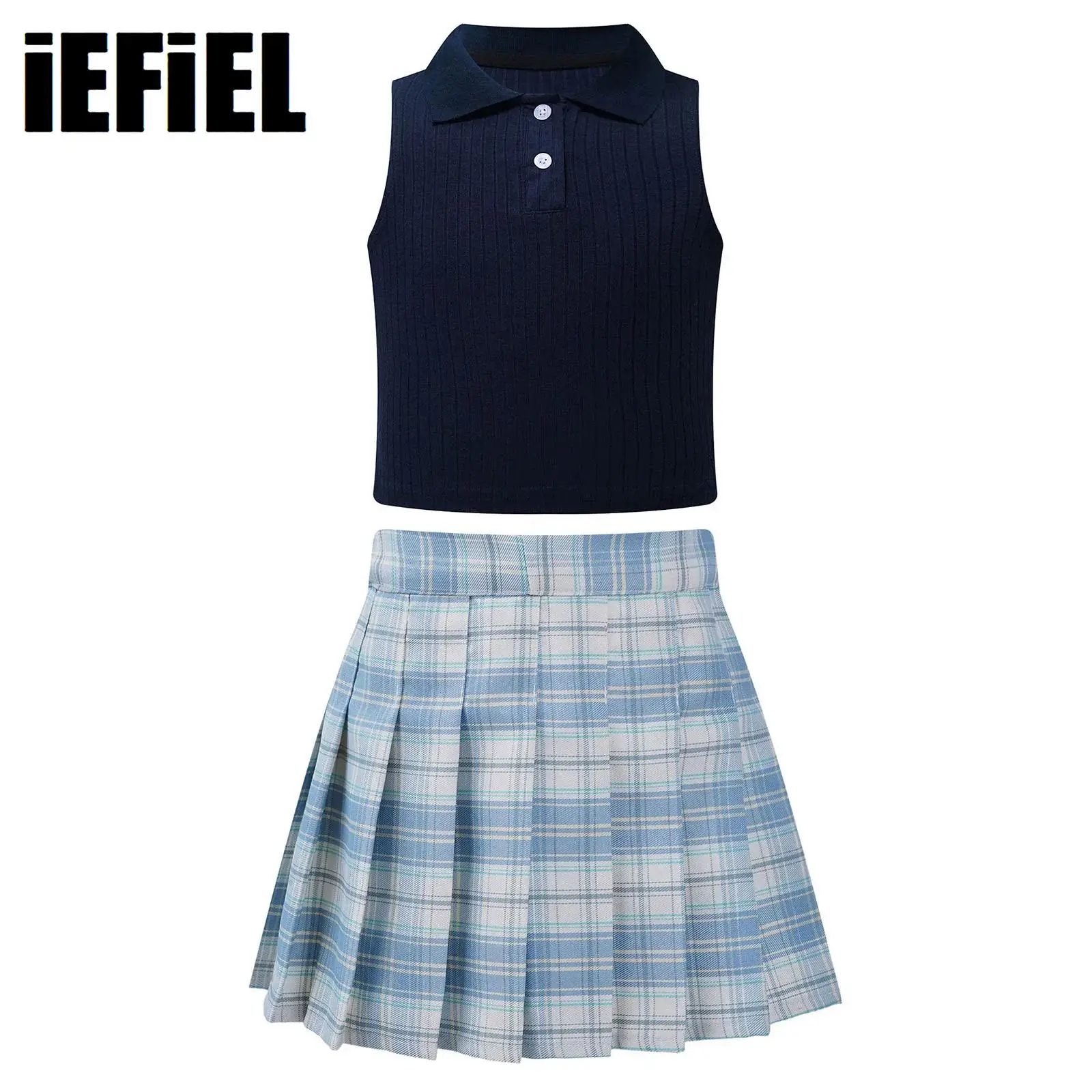 Kids Girls Fashion Two-Piece Set Turn-Down Collar Sleeveless Ribbed T-shirt Vest with Plaid Pleated Skirt for Golf Tennis Sports