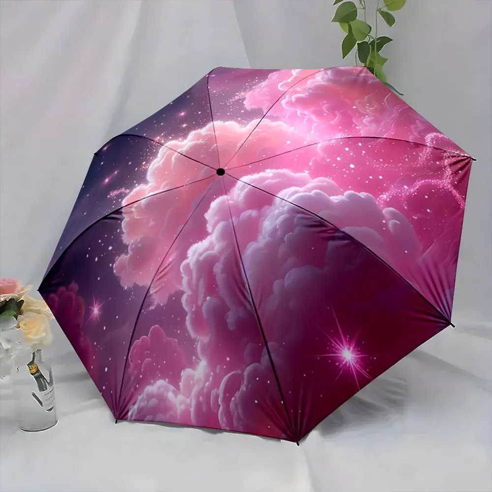 Dreamy Pink Clouds and Sparkling Starry Night Pattern portable waterproof sun rain umbrella for outdoor travel beach