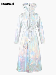 Nerazzurri Autumn Extra Long Windproof Waterproof Shiny Reflective Silver Holographic Patent Faux Leather Coat Women with Hood