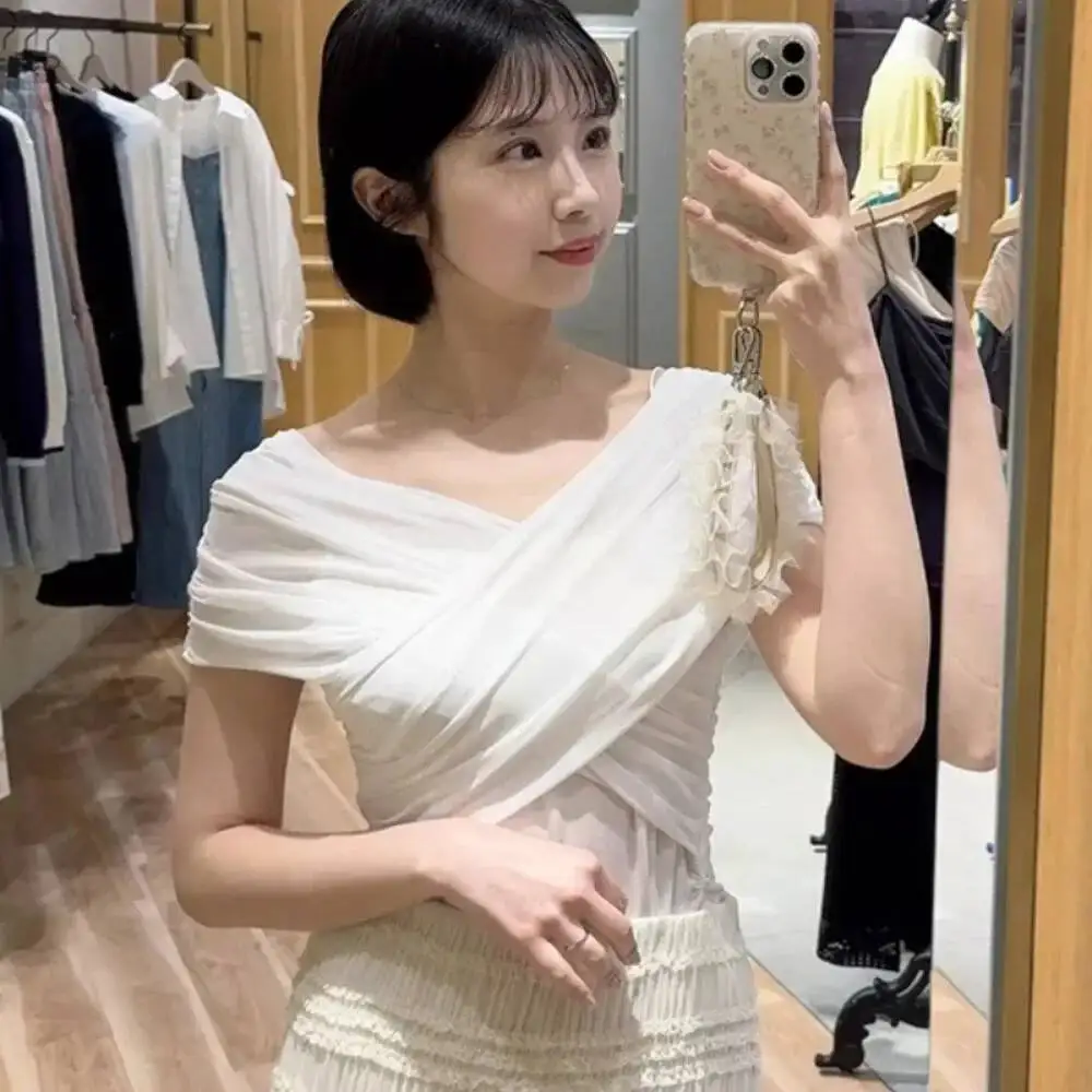 

BabYoung Solid Casual Slash Neck Sweet Pure Desire Shirts Slim Cross Off Shoulder Short Top Japan All-Match Chiffon Fresh Mujer