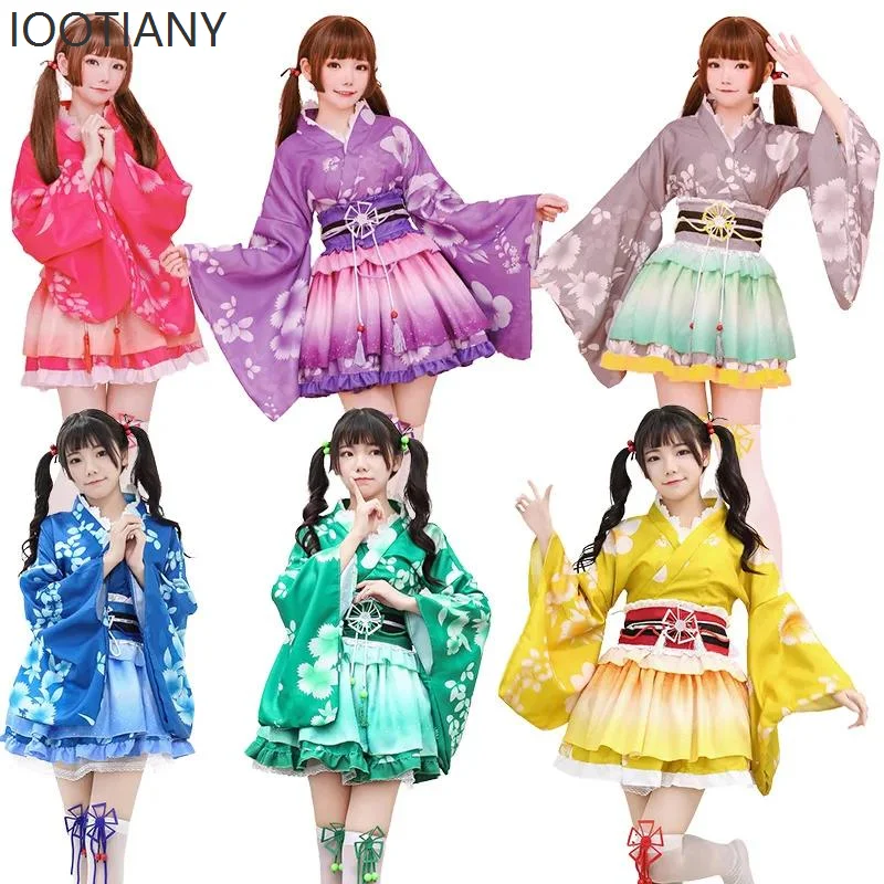 Iootiany Costumi Cosplay Anime giapponesi Dolce fresco Kimono multicolore Costumi per spettacoli teatrali per feste in maschera di Halloween