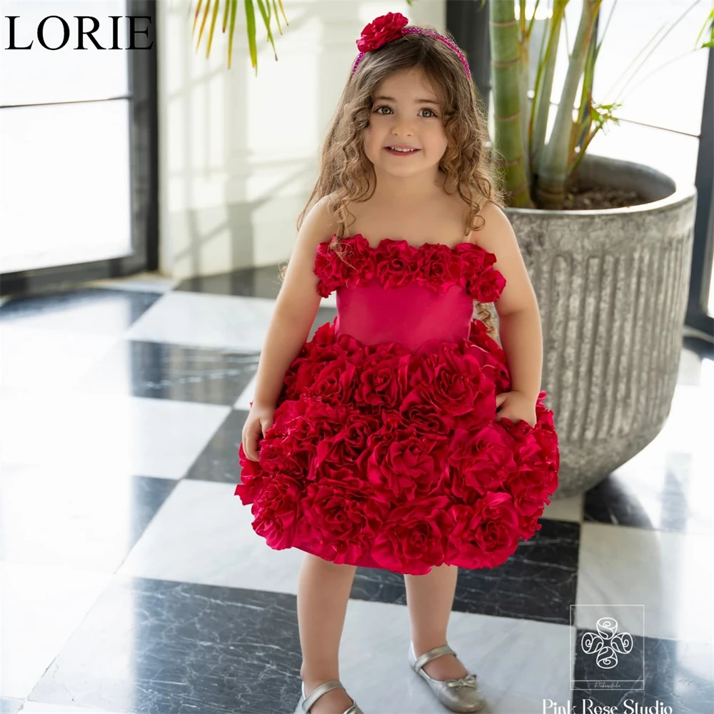 LORIE Cute Red Flower Girl Dresses Ball Gown Spaghetti Strap 3D Flowers Wedding Party Dress Gorgeous Birthday Dress Customized