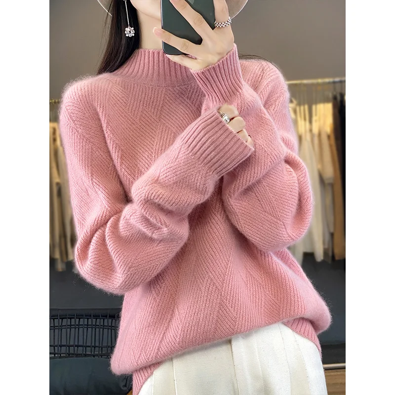 100% Wool Turtleneck Sweater Women Fashion Mat Solid Autumn Winter New Casual Loose Tops Knitted Long Sleeve Female Pullover