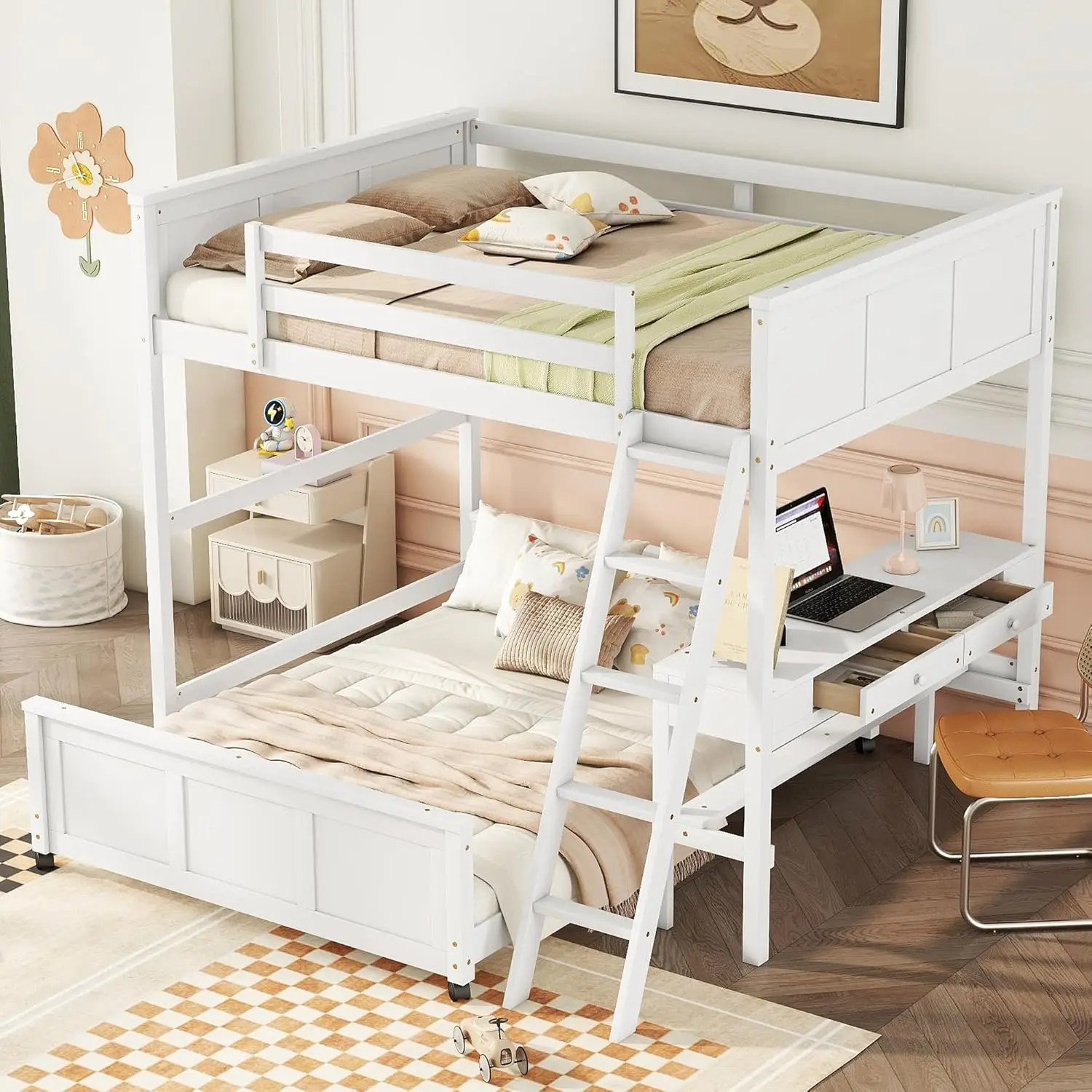 Harper & Bright Designs Full Over Bunk Beds With Desk And Drawers, Wood Size Loft Bed With Removable Platform