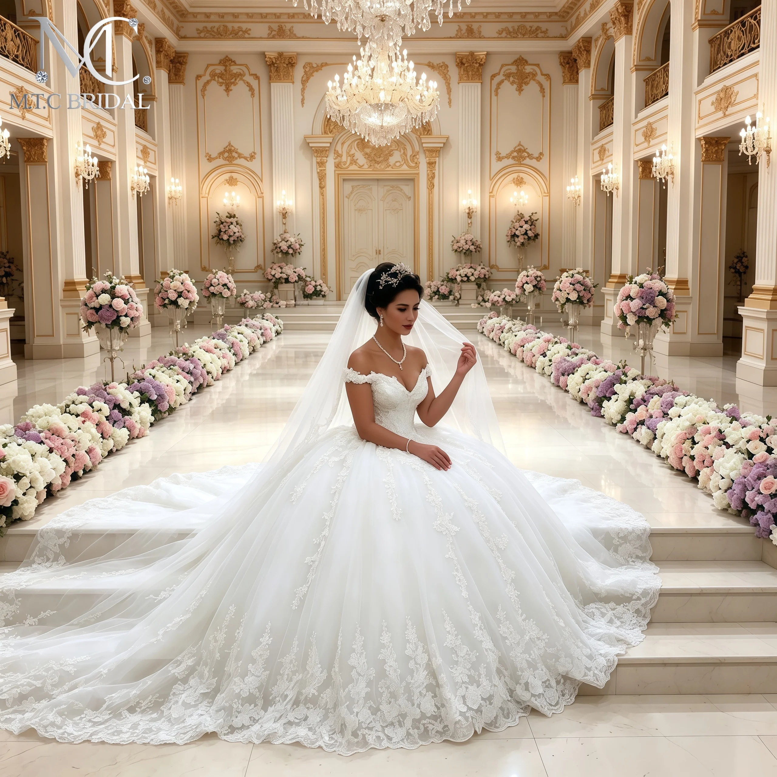 Luxury Lace Tulle Ball Gowns Wedding Dress Court Train Corset Off The Shoulder High Quality Bride Formal Gowns For Wedding