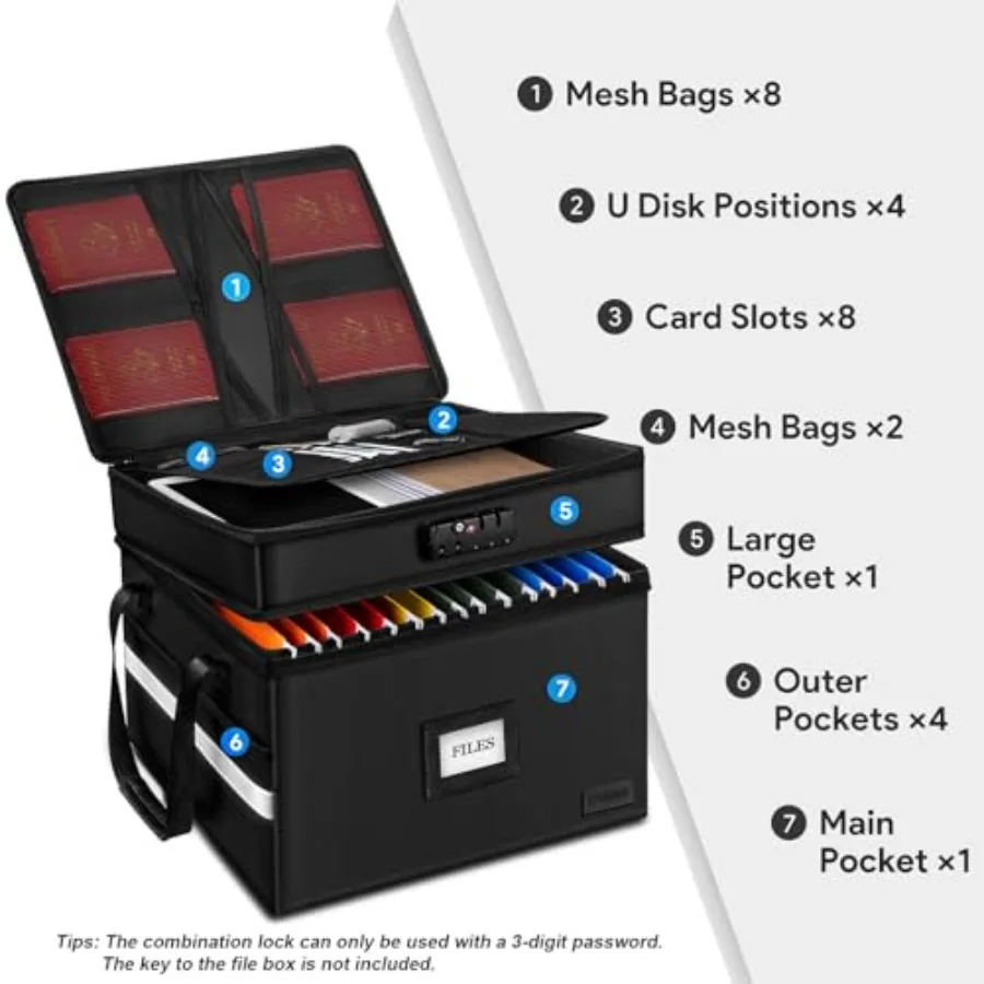 Fireproof File Organizer with Lock, 2 Layer Fireproof Document Box with 5 Tab Inserts, Portable Office File Cabinet Collapsible