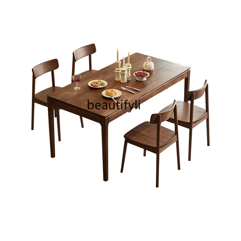 

North America Black Walnut Wood Table Simple Rectangular Dining Table Home Full Real Wood Table Dining Tables and Chairs Set