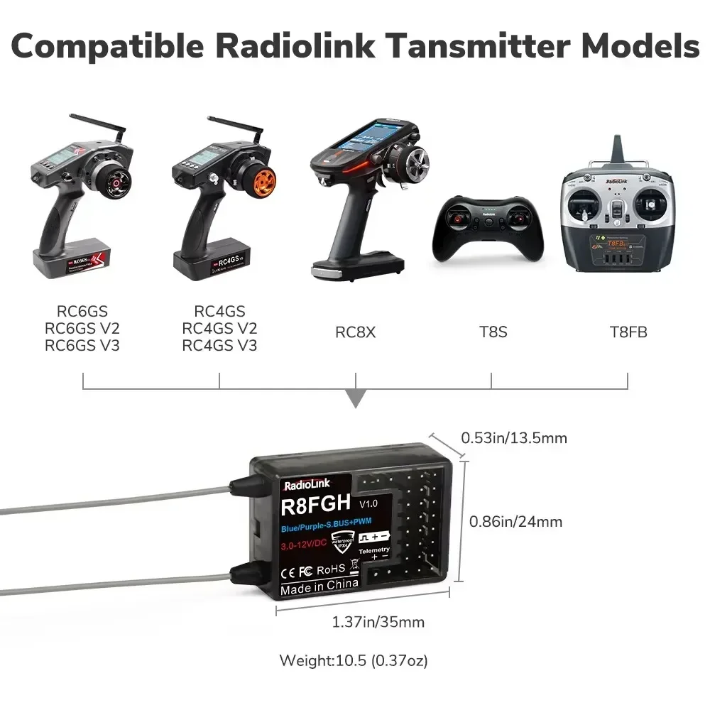 Radiolink R8FGH Gyro-Empfänger 2,4 G 8 Kanäle Telemetrie Fahrzeugspannung bis zu 14 S 58,8 V für RC-Car-Bootsmäher-Maschinenroboter
