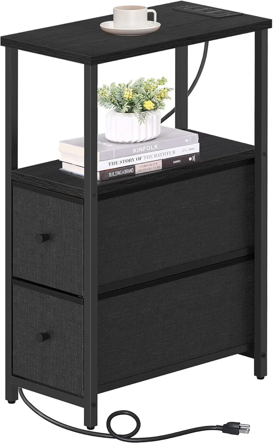 

Small Narrow End Table with Charging Station, Side Table with Outlets, Nightstand with 2 Cloth Drawers, Couch Table, for