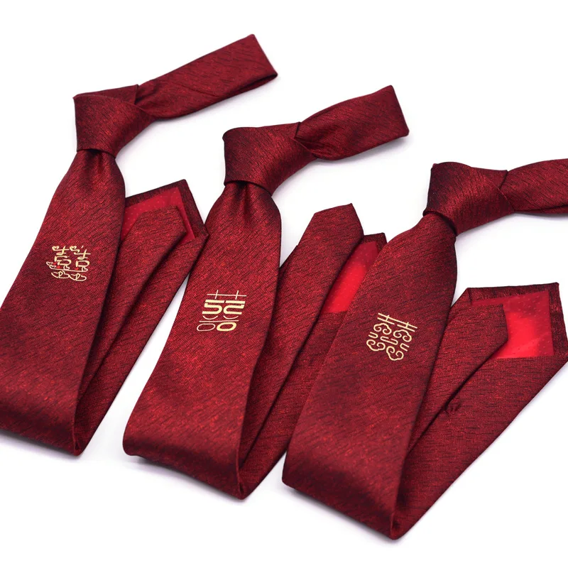 Chinese Red Neckties For Men Wedding Party Bridegroom Neck Ties Handmade 8CM Width Polyester Cravat Newlyweds Traditional Tie