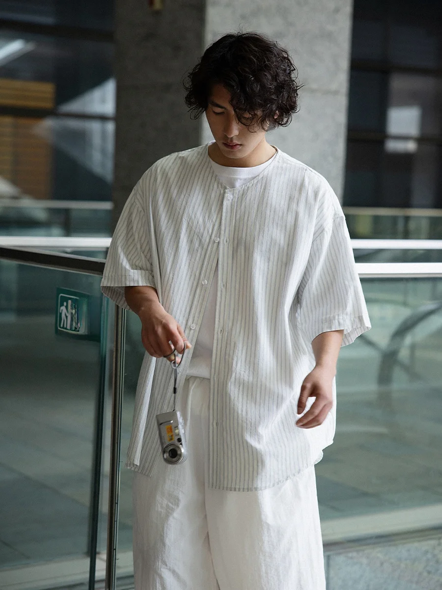 

Noears Summer Youth Feel Loose Fit ort Sve Collarl irt Vertical Stripe Design Casual Breathable Cotton Menswear