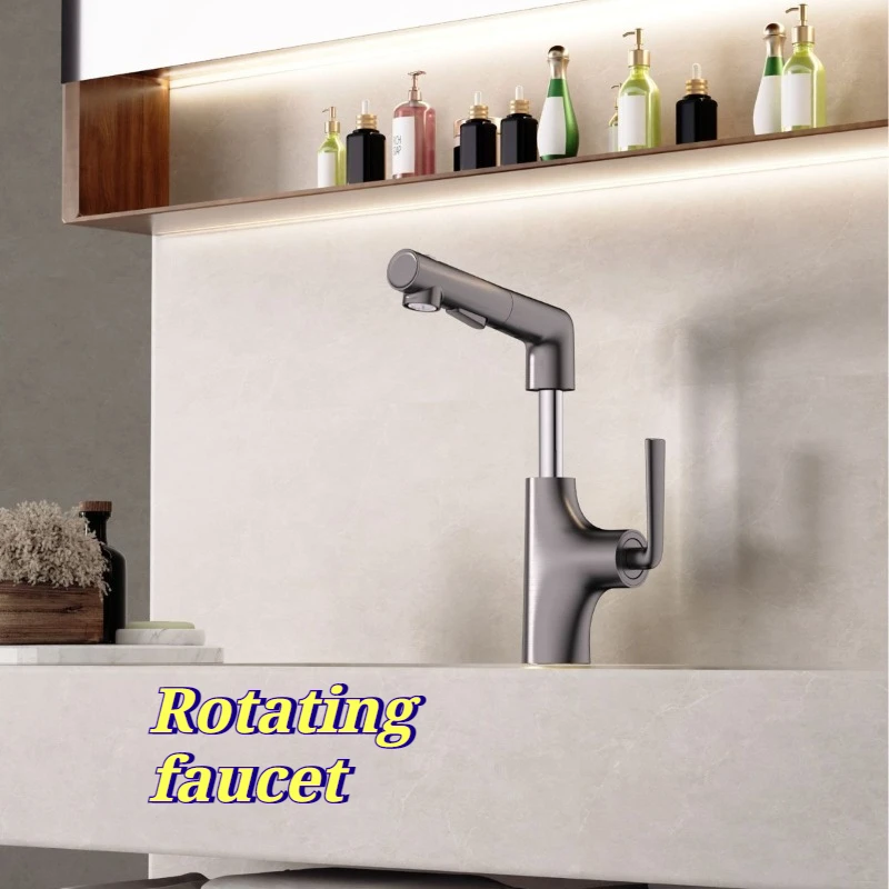 Bathroom Pull Out Faucet Home Deck Mounted Washbasin Single Handle Bathroom Sink Faucet Household Rotatable Basin Faucets