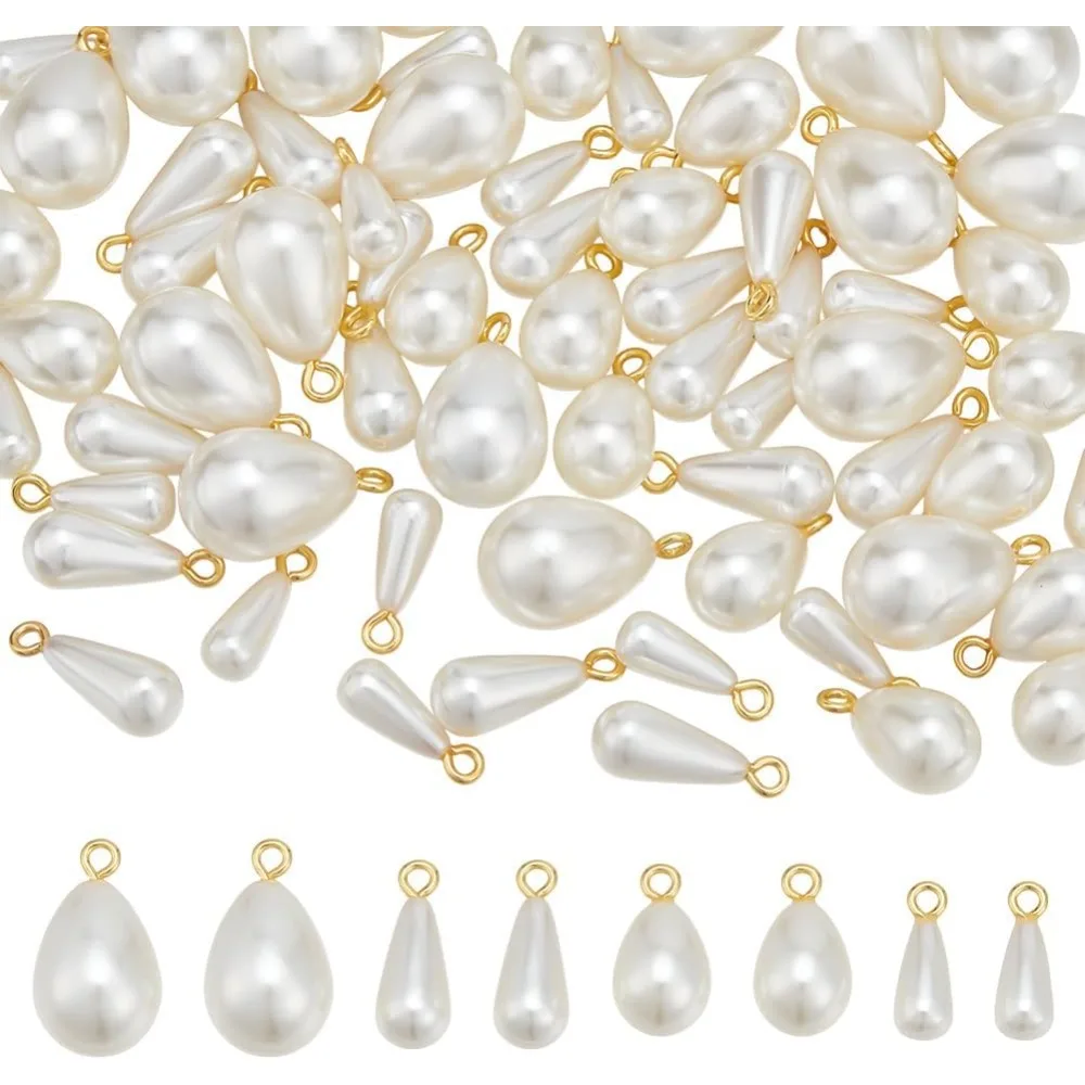 64pcs 4 Sizes Teardrop Pearl Charms White Pearl Pendant Charm Baroque Pearls Beads Charms Faux Pearls Water Drop Pendant