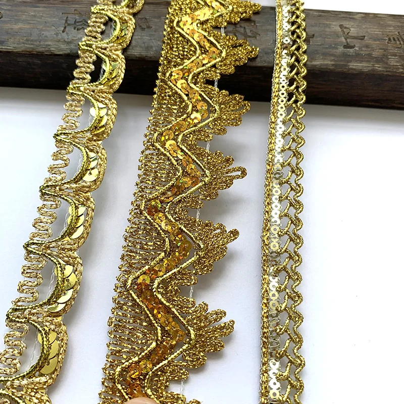 5m/16.4ft Each Pack Gold Sequin Lace Trims Weaving Centipeded Handmade DIY Sewing Dress Curtain Crafts Sequin Thin Ribbons Decor