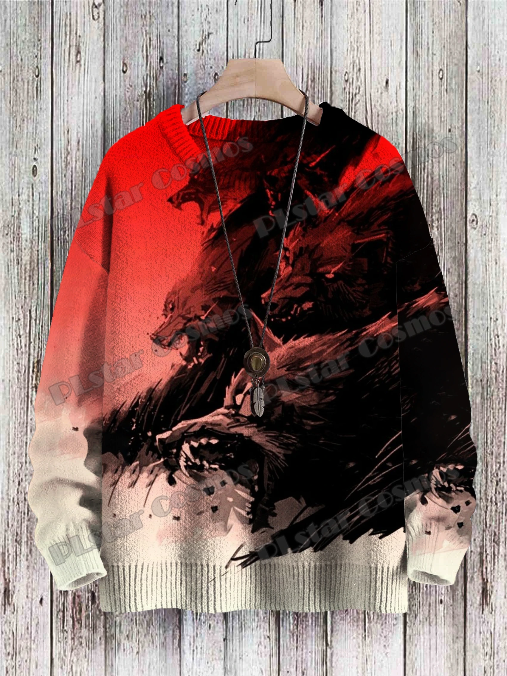 Aurora Scenery Art Christmas & Attacking Wolf Pack 3D Printed Knitted Pullover Winter Unisex Casual Knit Pullover Sweater ZZM94