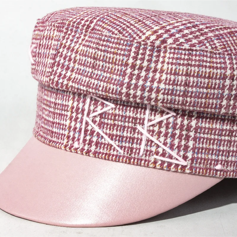 Size S-XL Patchwork Flat Pink PU Leather Brim Militray Caps Baker Boy Hat Women Newsboy Caps