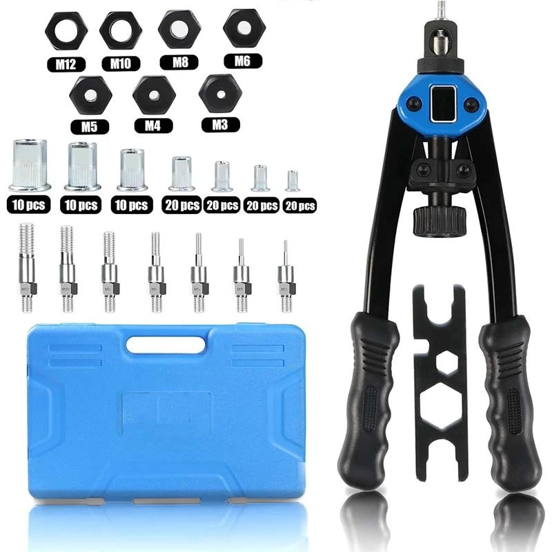 Ręczny nitonakrętka, nitonakrętka ręczna, zestaw narzędzi do nitonakrętek z 7 metrycznymi trzpieniami i 110 nitonakrętkami od M3 do M12