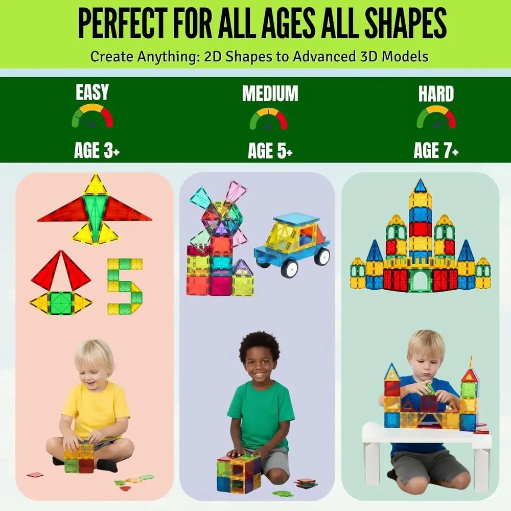 Juego de construcción magnética de 180 piezas con 2 bases de coche para niños de 3 a 12 años, juguetes de aprendizaje STEM para niños y niñas