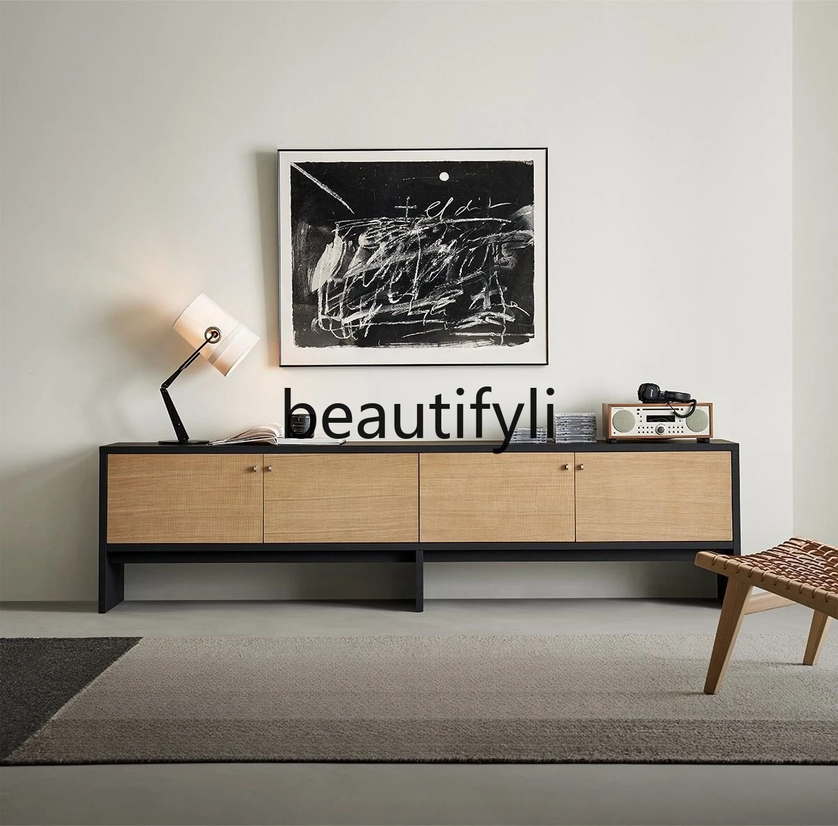 

TV cabinet black color matching log household living room storage cabinet