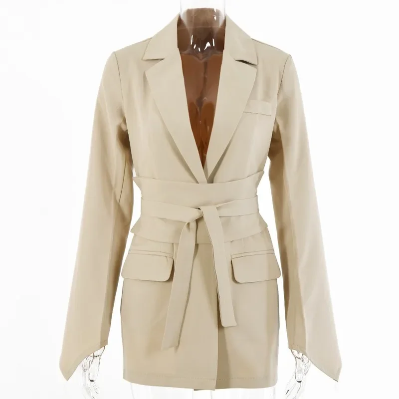 Chaqueta de negocios para mujer, Blazer ajustado con cintura anudada, cárdigan Retro, Tops negros y caqui, Primavera, 2024