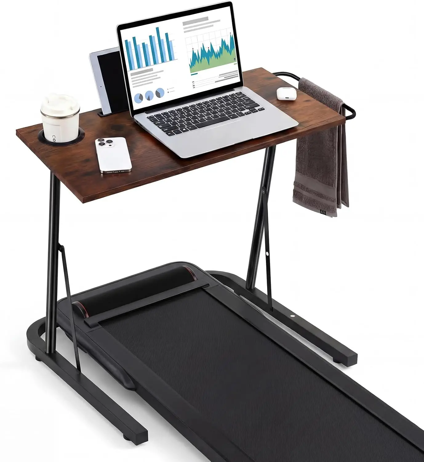 Treadmill Desk Adjustable Standing Workstation for Walking Pad & Exercise Bike, Indoor Cycling Trainer Desk with Cup Holder Tablet Slot, Fitness Laptop Workstation for Home Office