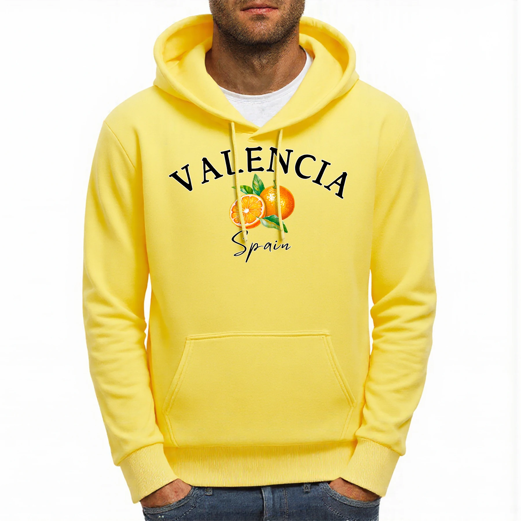 Sudadera con capucha con estampado naranja de Valencia España para hombre, sudaderas con bolsillo de otoño, jersey de lana Multicolor, Sudadera con capucha cómoda que combina con todo para hombre