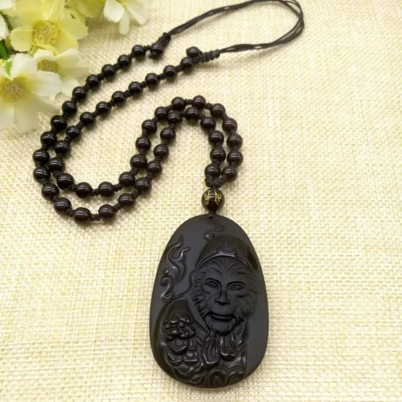 Natural Obsidian Sun WuKong Pendant Monkey Necklace Man Exquisito Jewellery Fashion Accessories Hand-Carved Luck Amulet Gifts