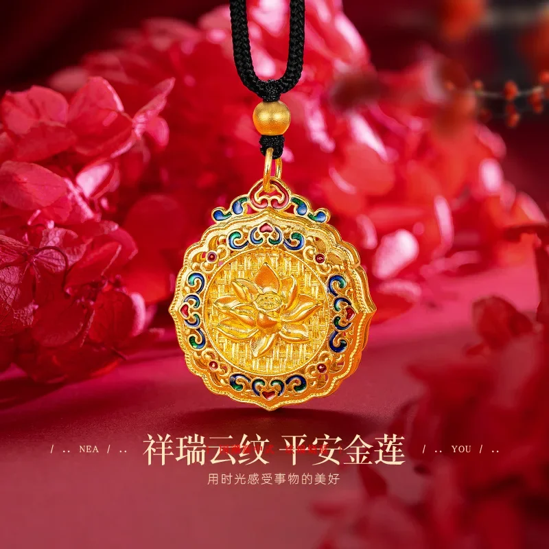 

9999 24K Real Gold New Chinese Style Ancient Filigree Lotus Enamel Pendant with Burning Blue Auspicious Cloud Lotus Pendants