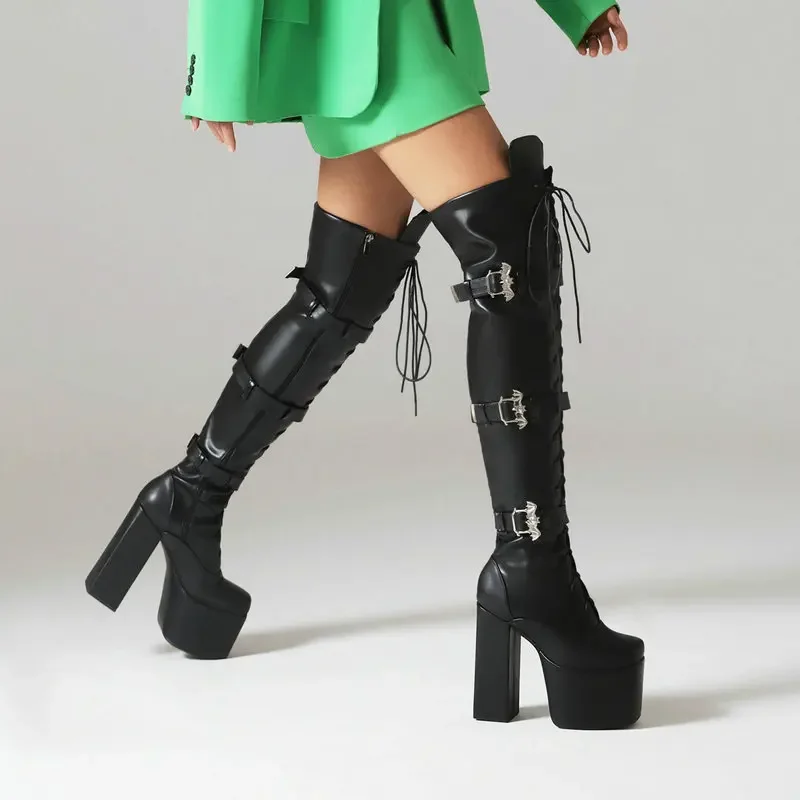 Sexy Lace-up Bat Buckle Belt Women Winter Overknees Shoes Block High Heels Platform Stripper Pole Dance Goth Punk Long Boots