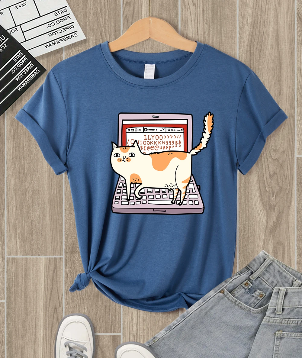 

Cats Walking On Computer Keyboards Printed Women T-Shirt Soft Casual T Shirts Sport Summer Streetwear Hip Hop Breathable Top