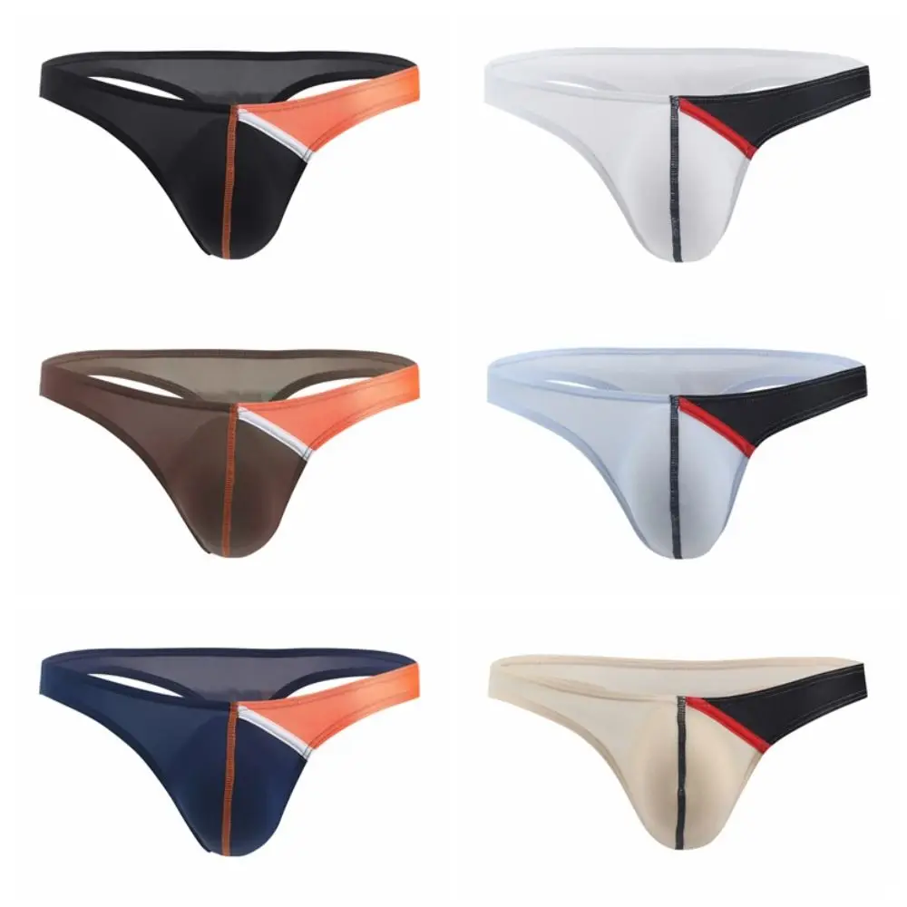 

Fashion Patchwork Men's Triangle Panties Thin Low Waist T Back Briefs Underpants Ice Silk Thong Male