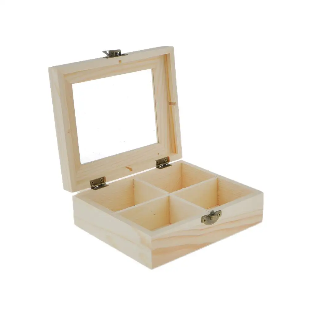 Phenovo Unfinished Unpainted Plain Wooden Mini Tools Jewelry Box 4 Grids Glass Lid Keepsake Gift