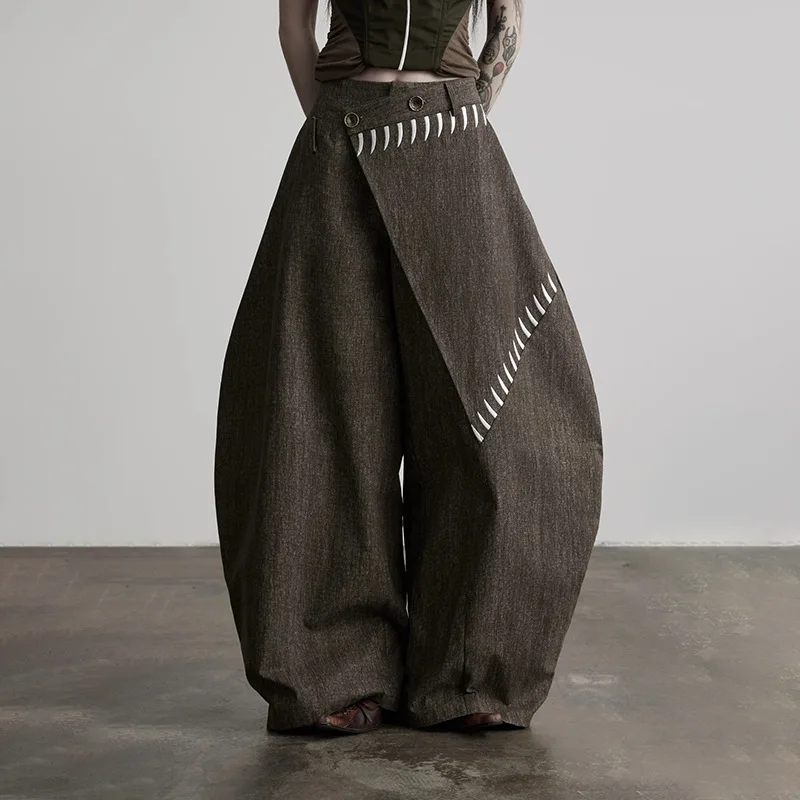 Wrap Over Wide Leg Pants for Women Asymmetric Button Waist Geometric Print Loose Curved Cut with Pockets Trousers
