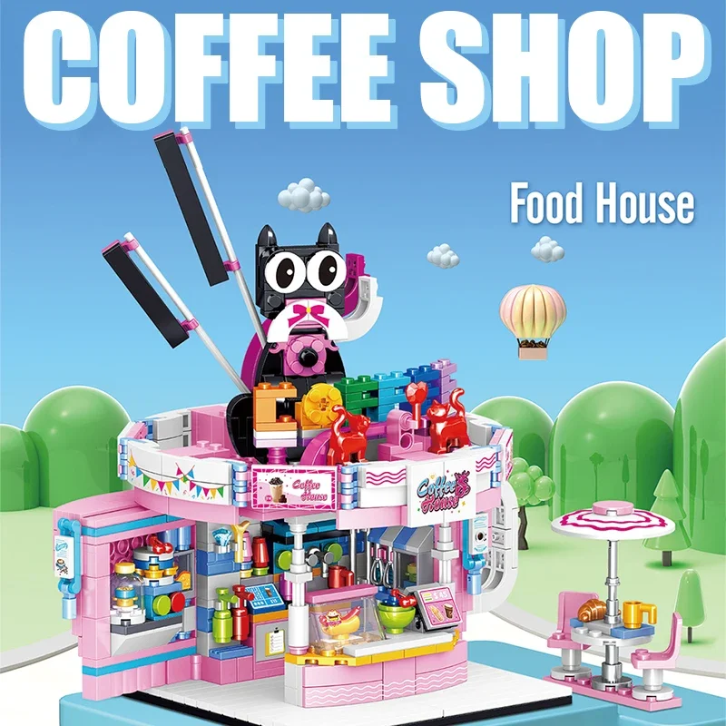 Mini City Street View Food Store Mini Bricks Coffee Ice Cream Shop Architectures Models Building Blocks Toys For Children Gifts