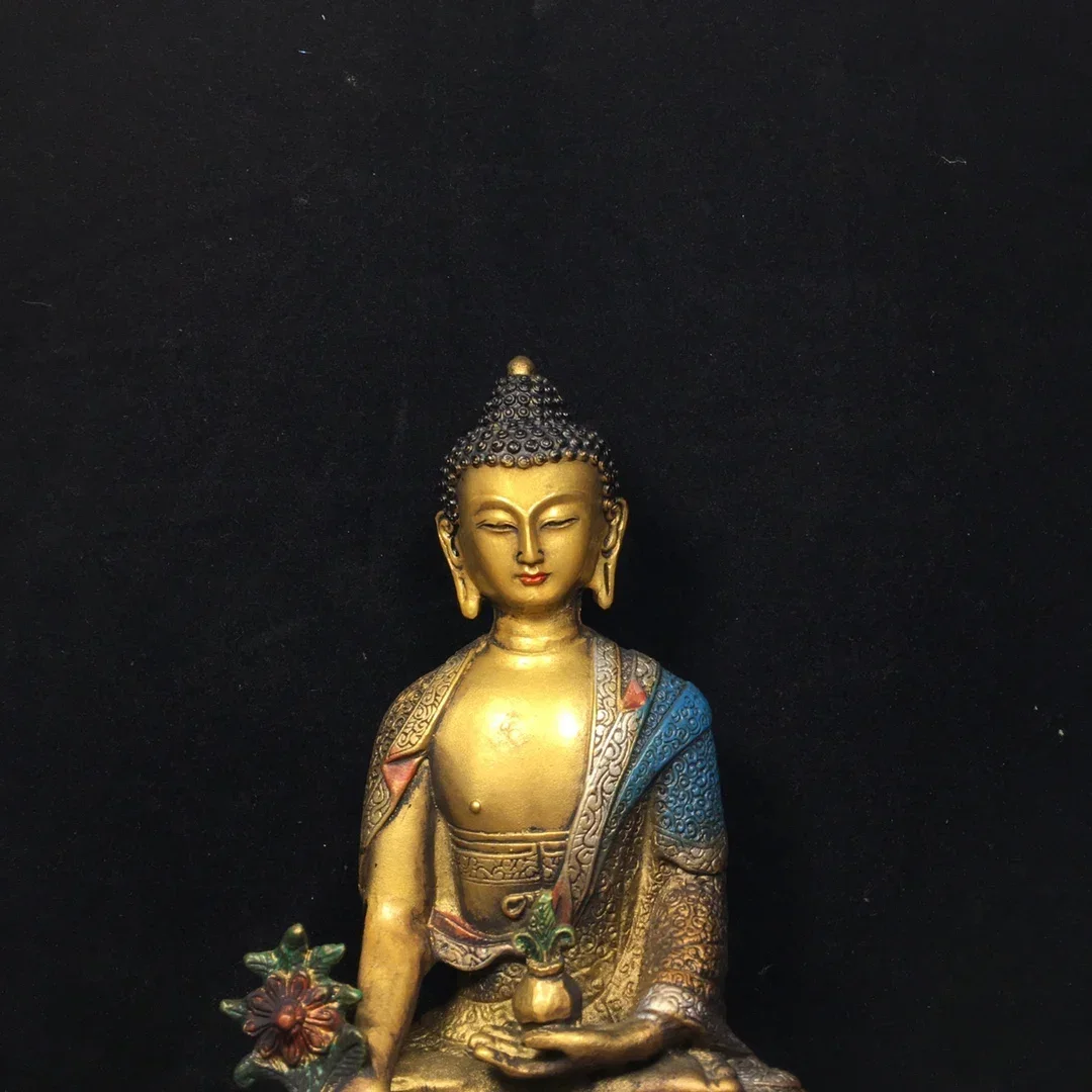 23cm Pure Copper Painted Buddha Statue of Shakyamuni, Antique Bronze Home Decoration