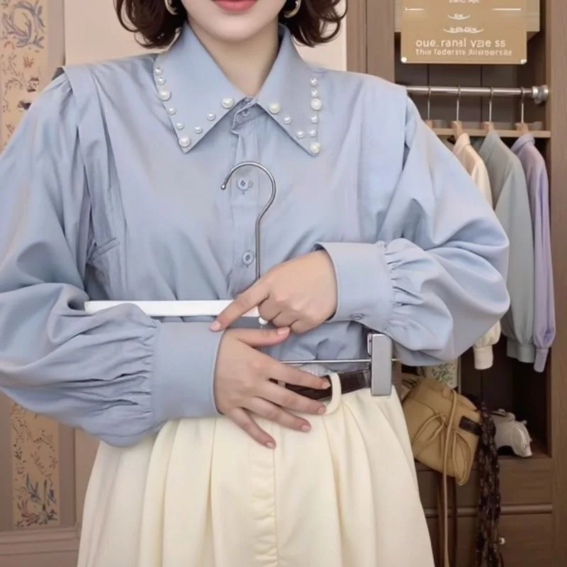 

Spring Autumn New Long-sleeved Shirt for Women Korean Style Heavy Beading Polo Collar Loose Casual Shirt Top