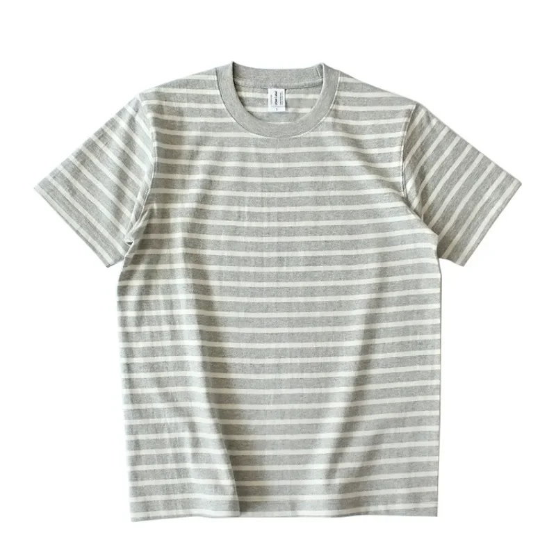 265g Thick Cotton T-shirt Men Seamless Barrel Woven Classic Striped Tops Unisex Round Neck Short Sleeved T-shirt