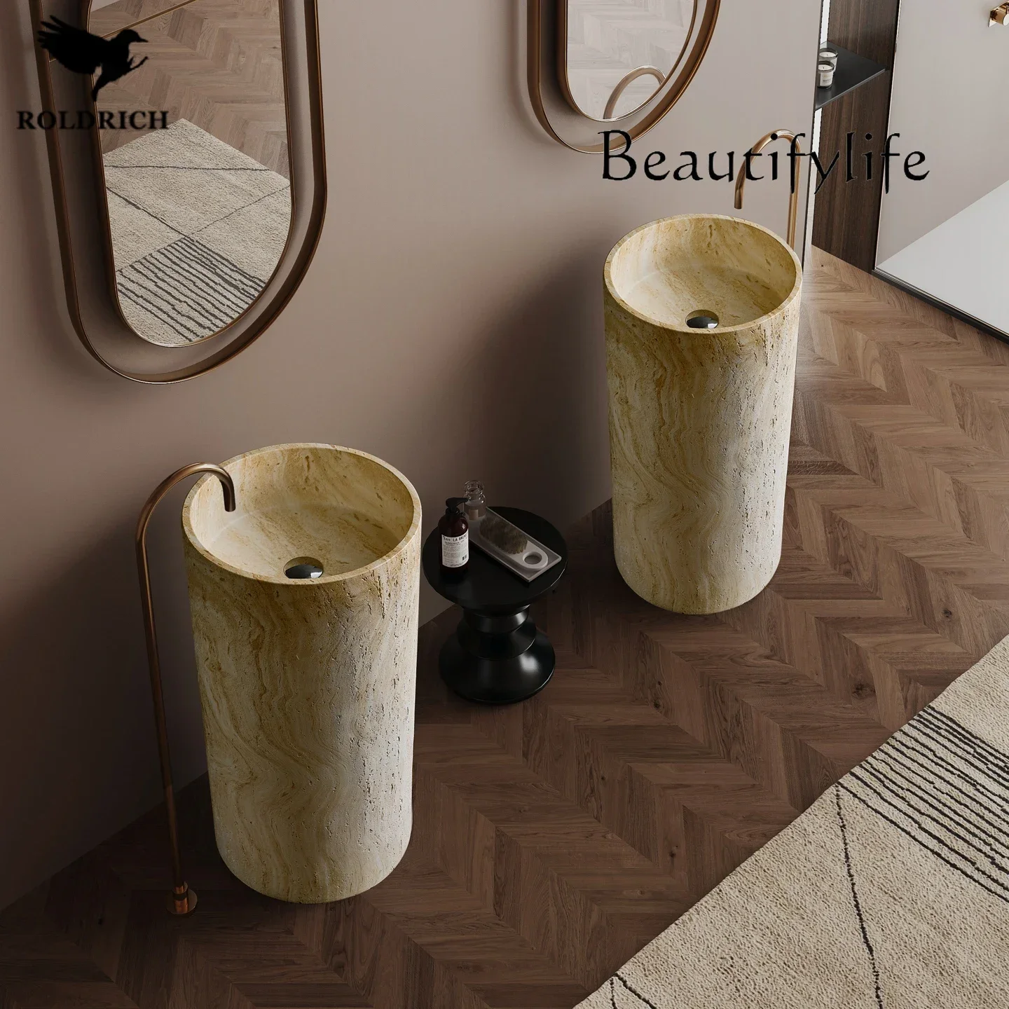 R FKMedieval Beige Travertine Marble Round Integrated Molding Floor-to-ceiling Small Apartment Household Column Basin