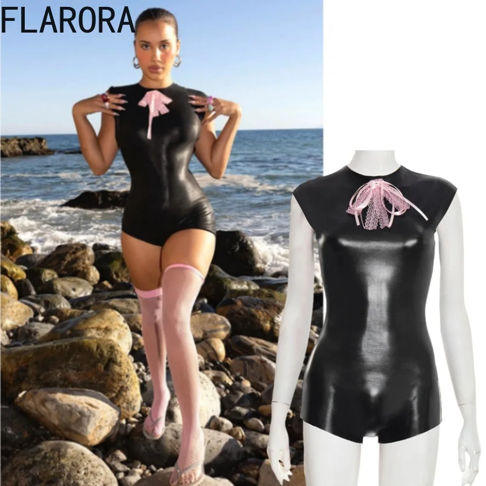 

FLARORA Trend Bows Decoration Bodysuits Woman Round Neck Sleeveless Zipper Skinny High Stretch Hot Girls Beach Party Clubwear