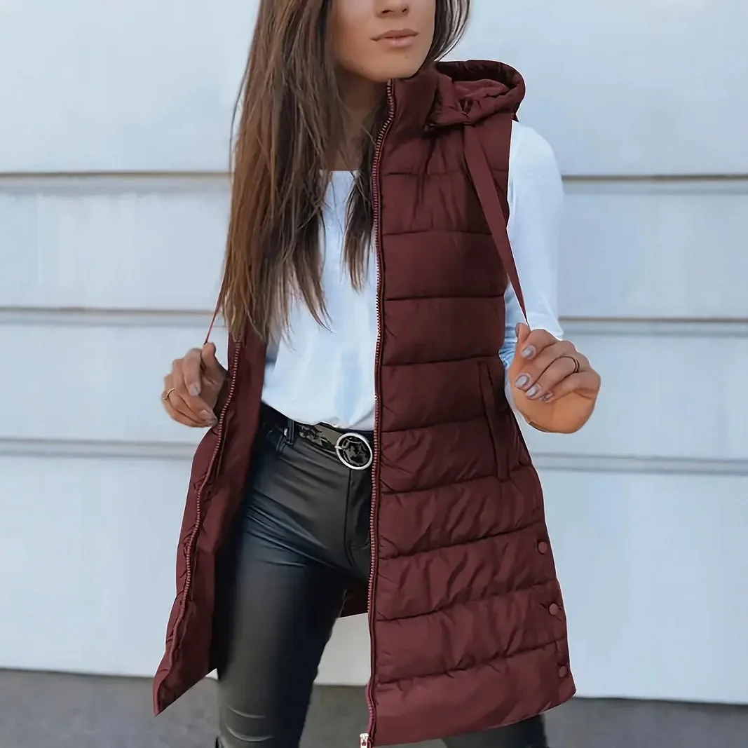 

Women Puffer Vest Ployester Fabric Zip Up Quilted Padded Vest Hooded Mid-Length Cotton Coat Vest Winter Warm Outerwear Coat